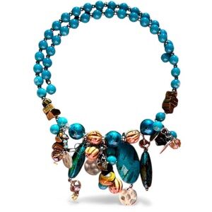 Memory Wrap Faux Turquoise Beaded Charm Necklace